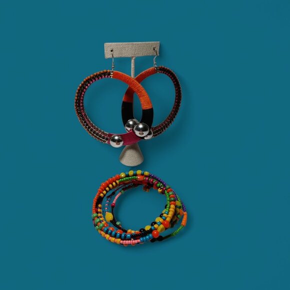 Mod Hippie Boho Beaded Bracelet and Giant Colorful Rhinestone Earrings Costume - Picture 1 of 8